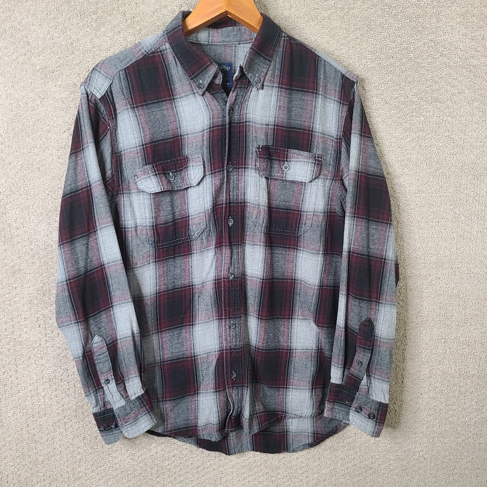 Faded Glory Shirt Mens Medium Gray Red Plaid Button Down Flannel Cotton Casual